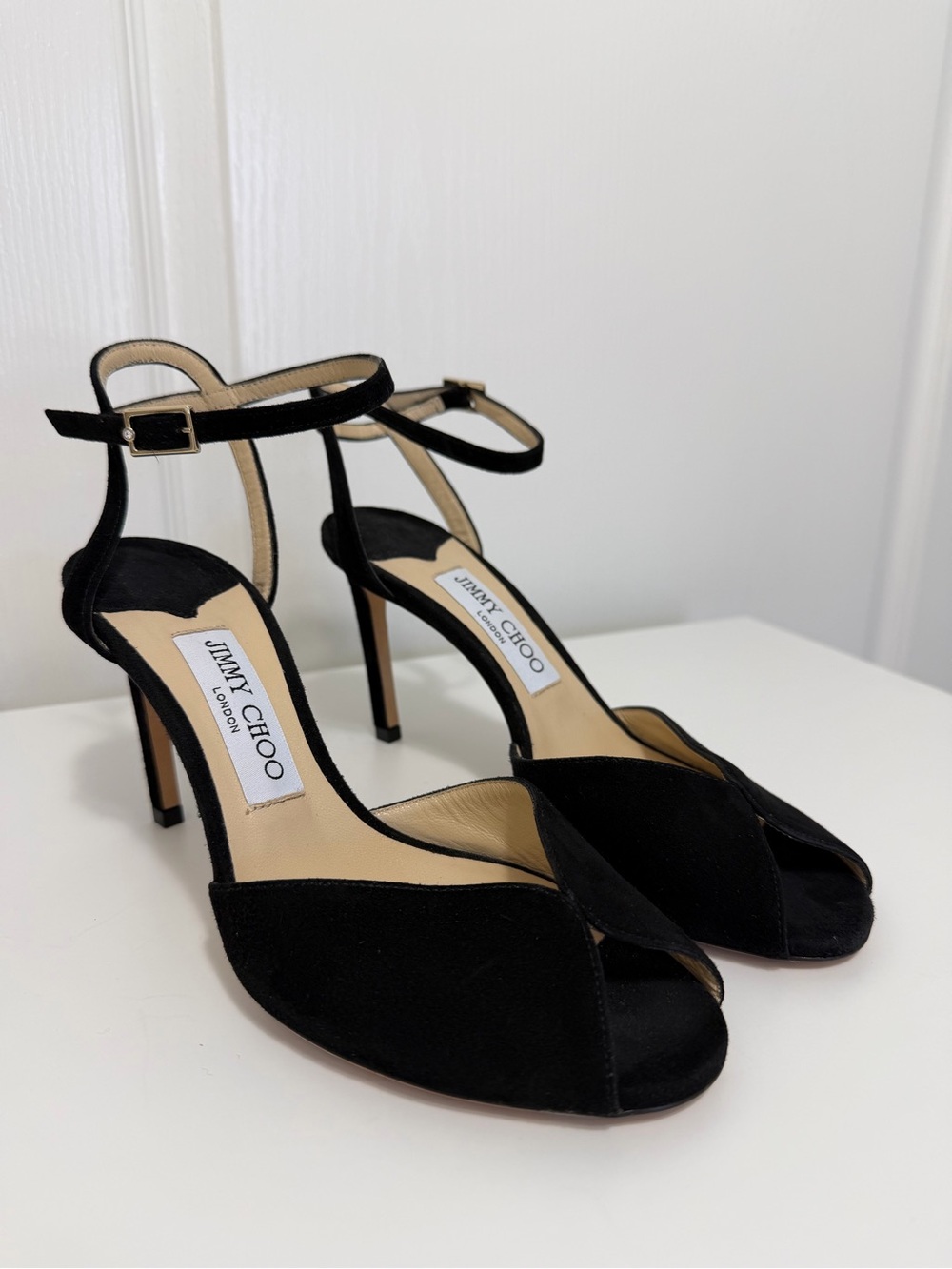 Jimmy Choo Black Suede Open-Toe Ankle-Strap Stilettos